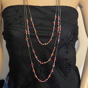 Vintage glass red beads and 3 strand chain silvertone